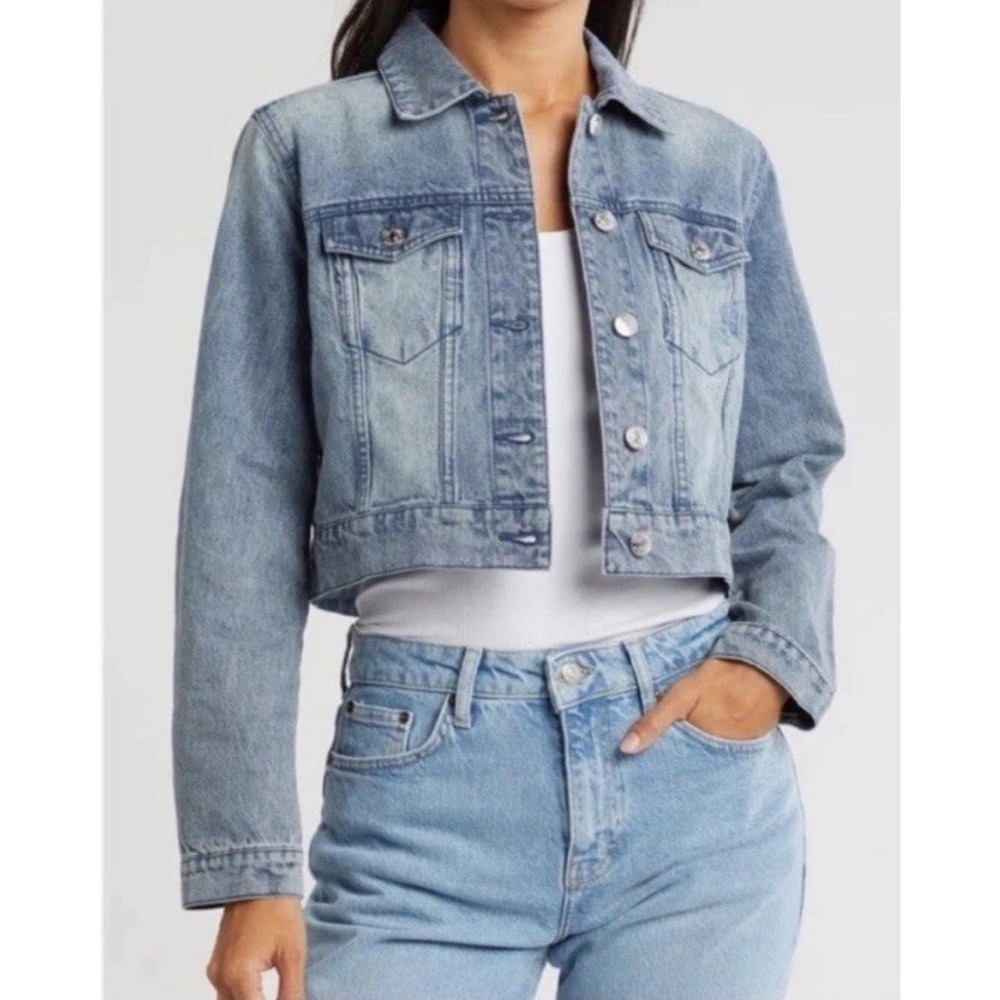 NWT JUICY COUTURE Cutoff Blue Denim Cropped Jacket Heart Elbow Patches Women's M